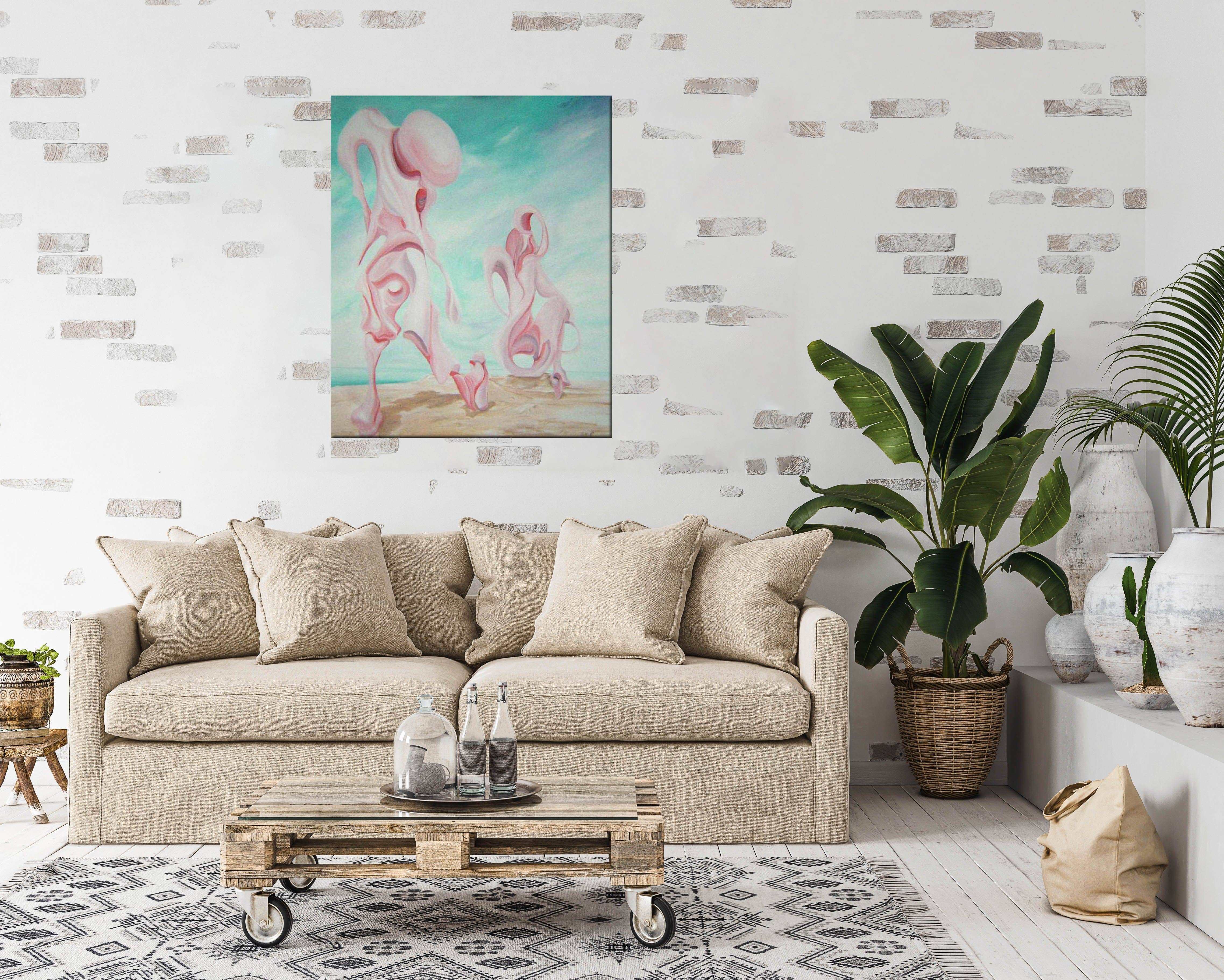 Painting of Flamboyance displayed in a rustic living room on the wall