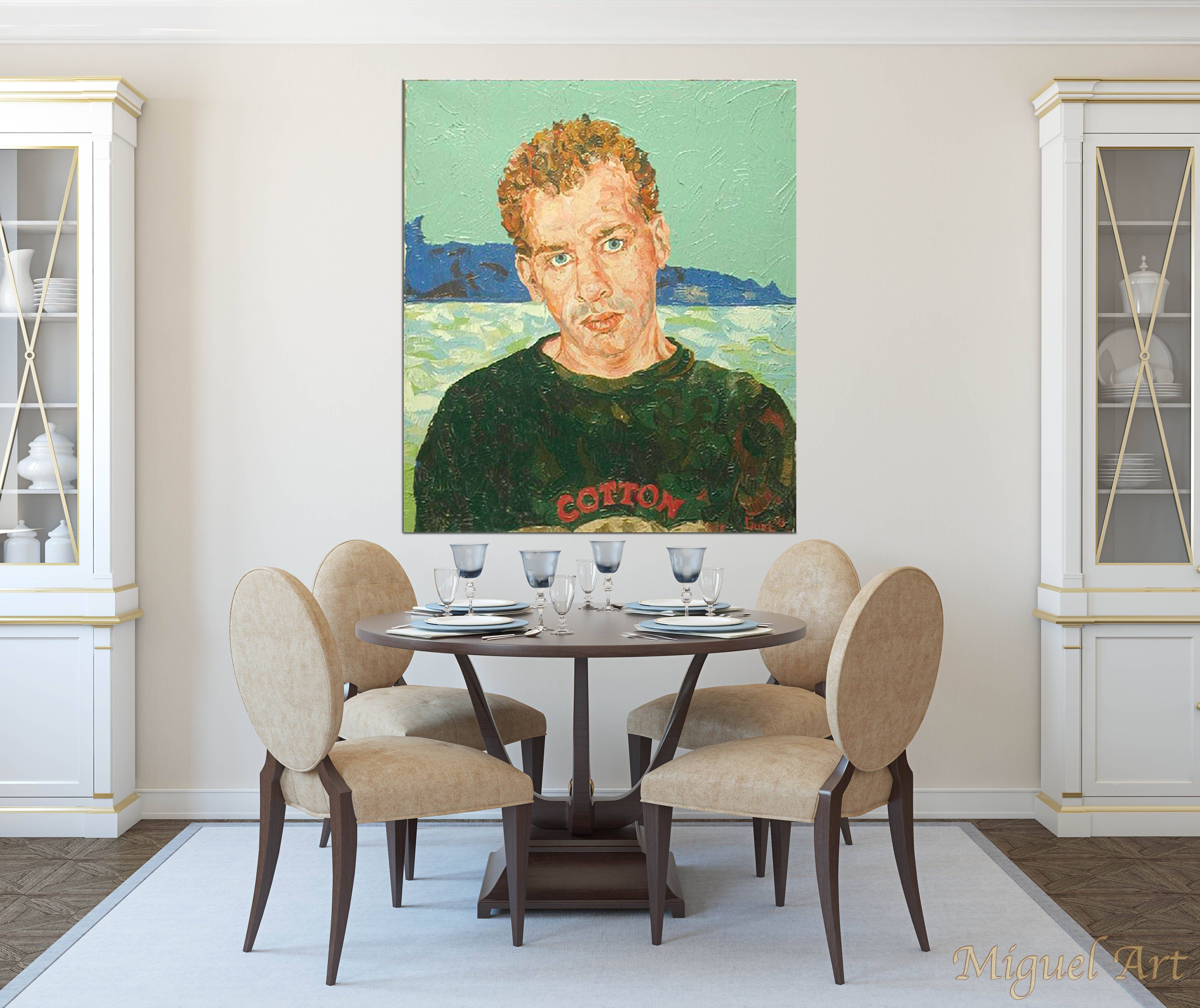 Painting of Curly displayed in a dining room on a cream wall