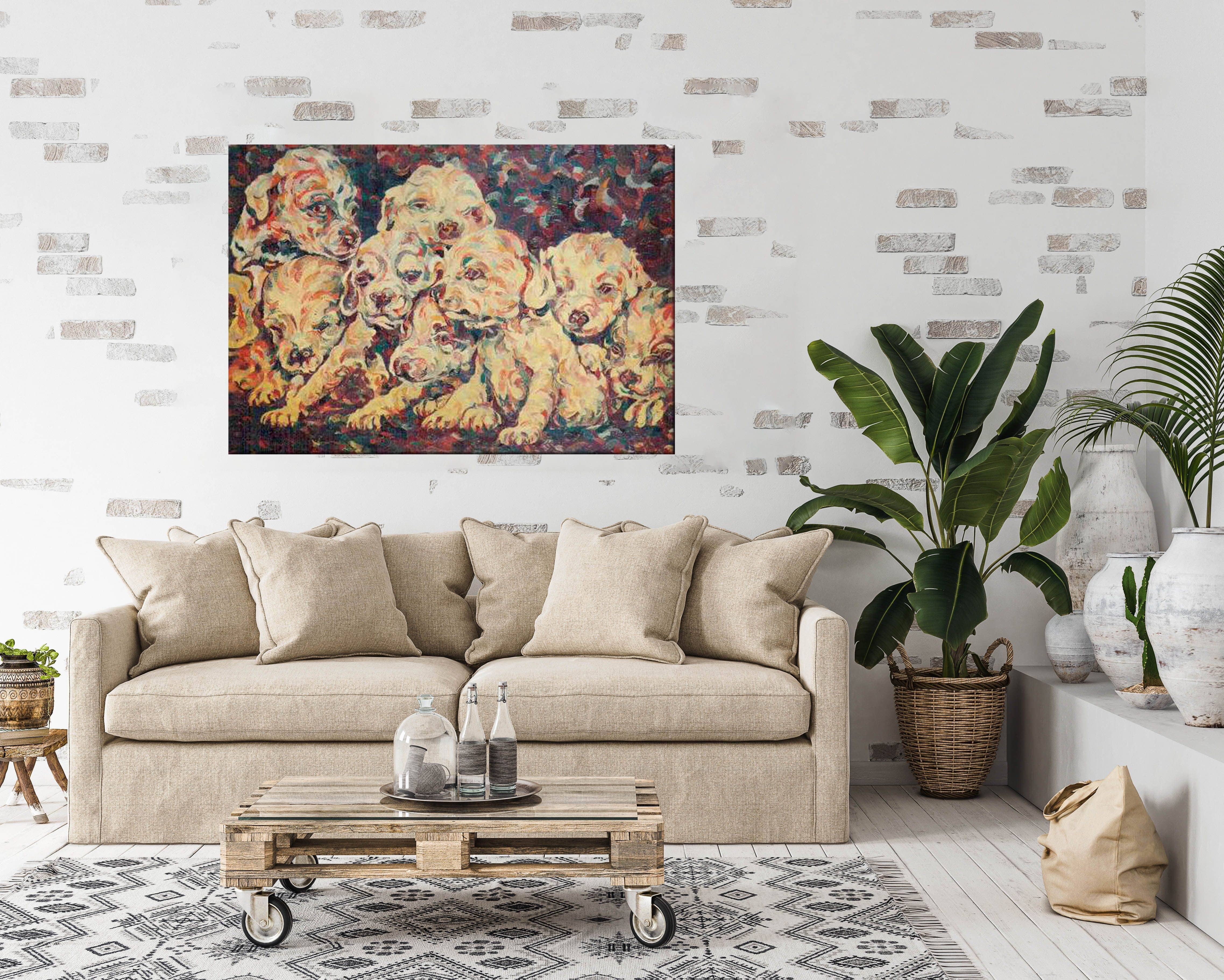 Painting of Nine displayed in a rustic living room on the wall