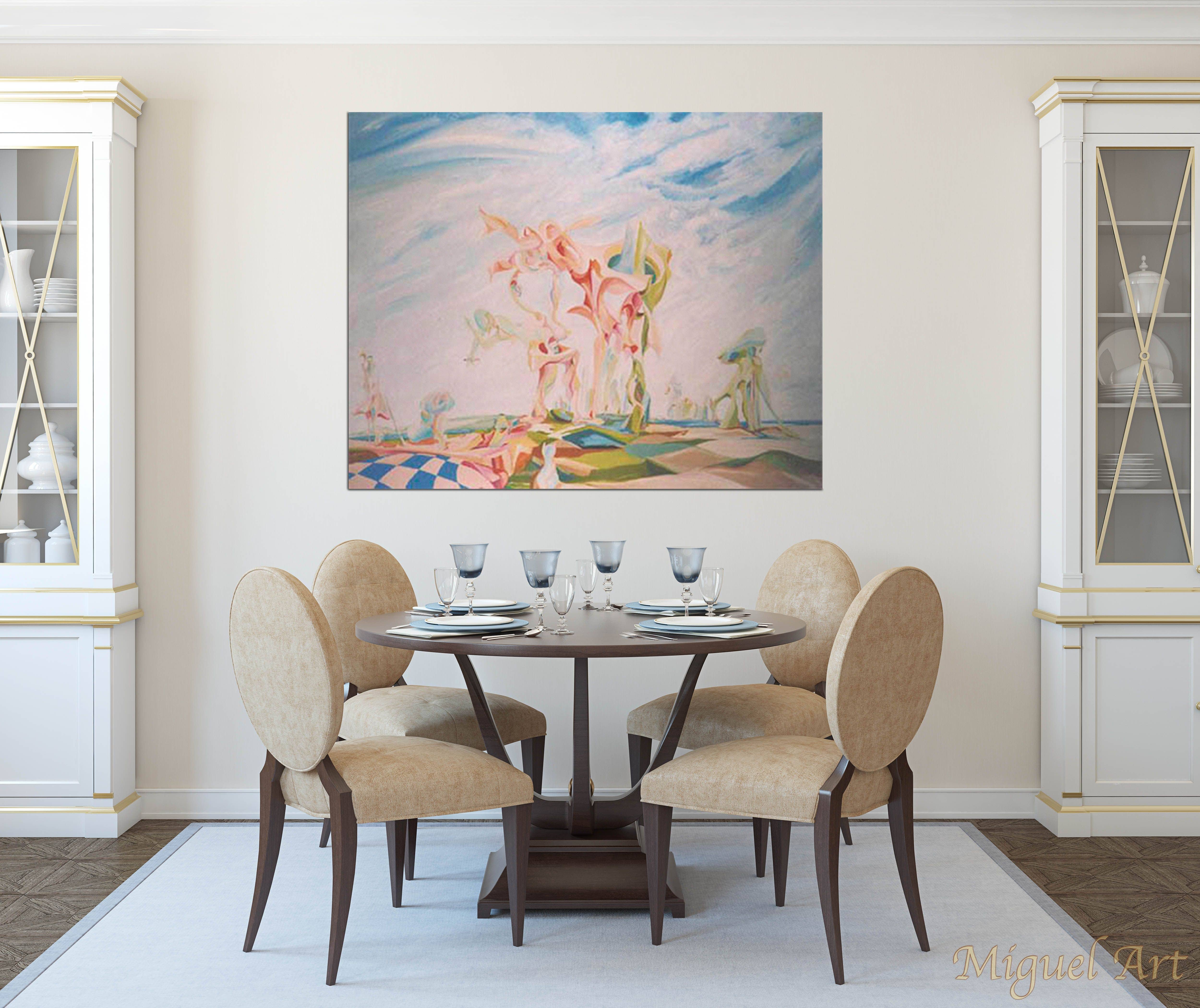 Painting of Skies displayed in a dining room on a cream wall