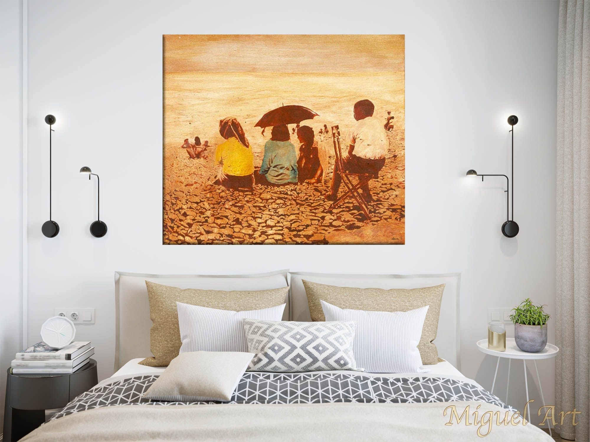 Painting of Sunset displayed on a white wall in a bedroom