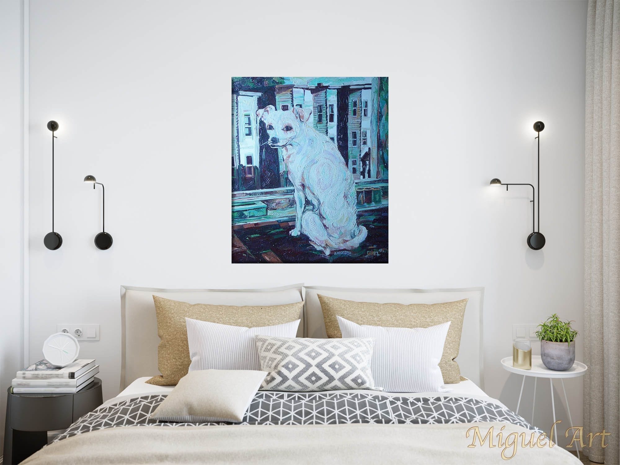 Painting of Spy displayed on a white wall in a bedroom