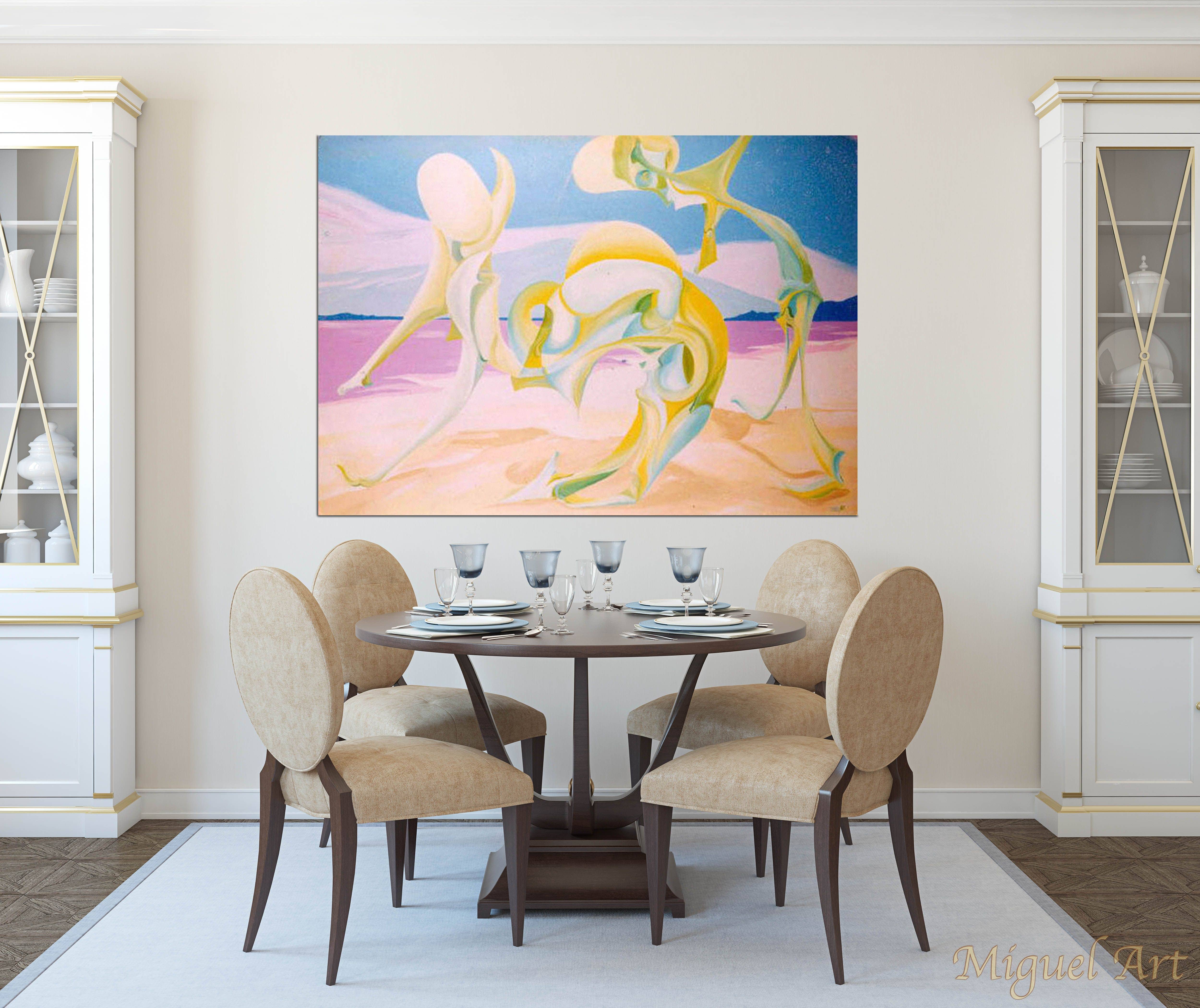 Painting of "Dança Ao Vento" displayed in a dining room on a cream wall