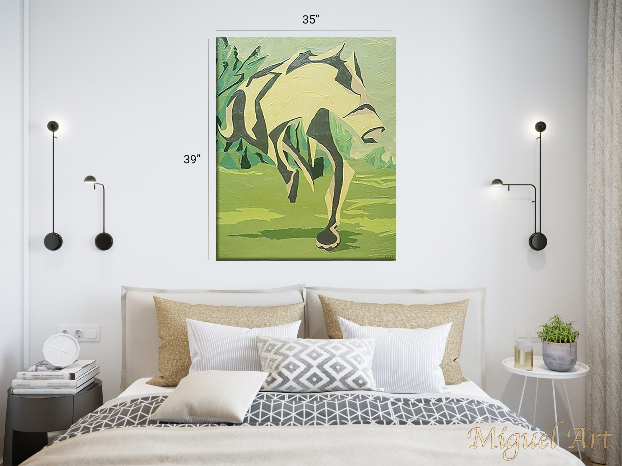 Painting of Cavalo displayed on a white wall in a bedroom