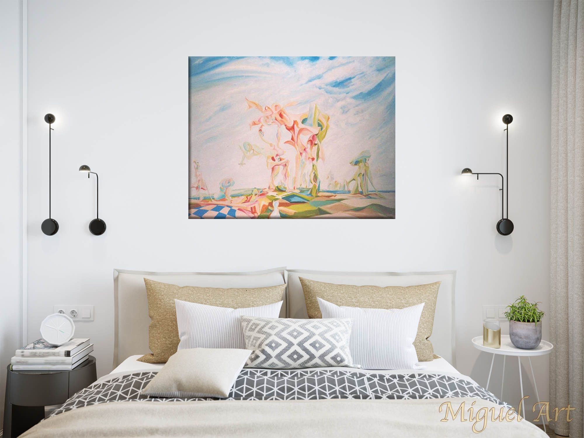 Painting of Skies displayed on a white wall in a bedroom
