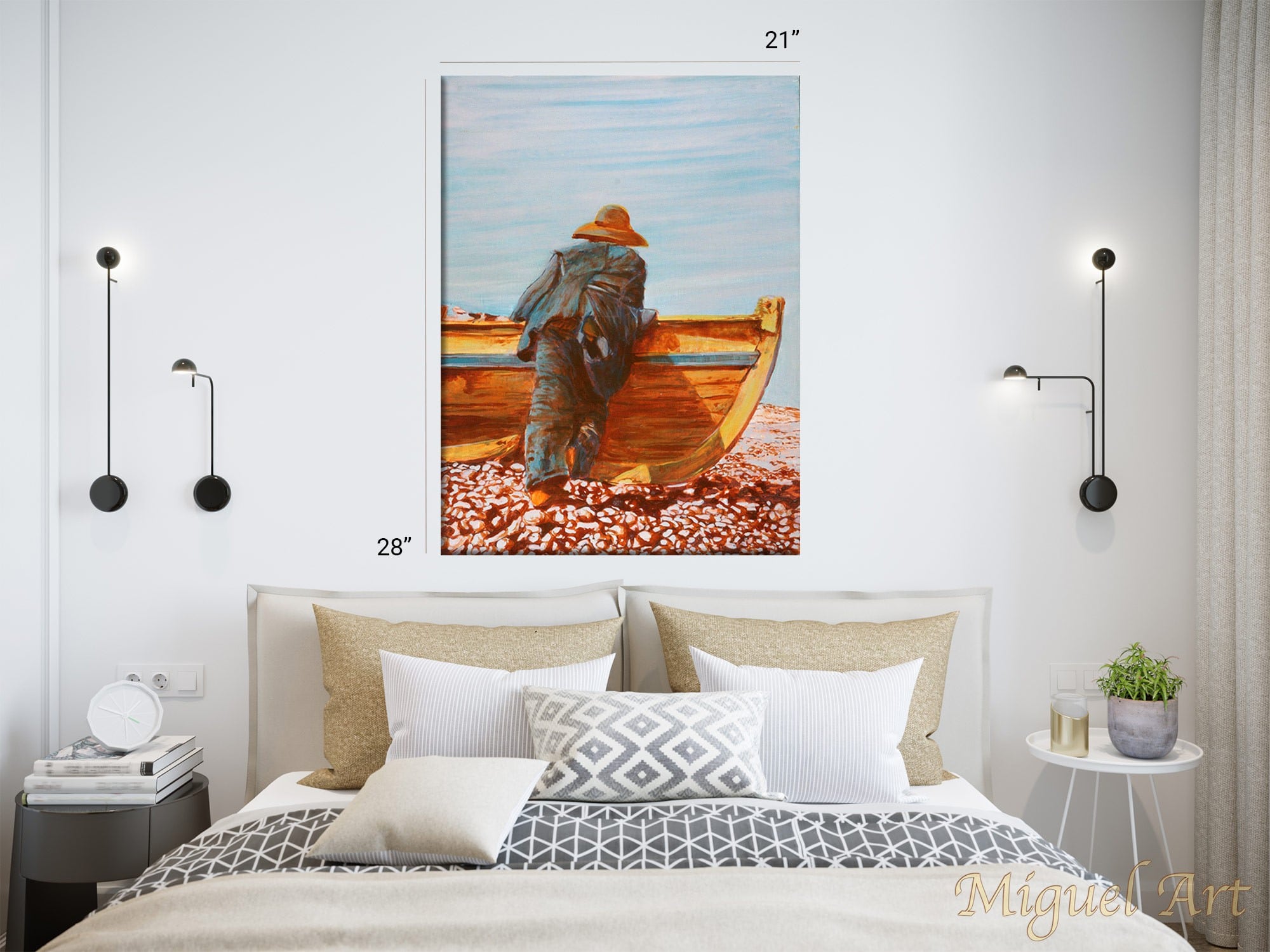 Painting of Pescador displayed on a white wall in a bedroom