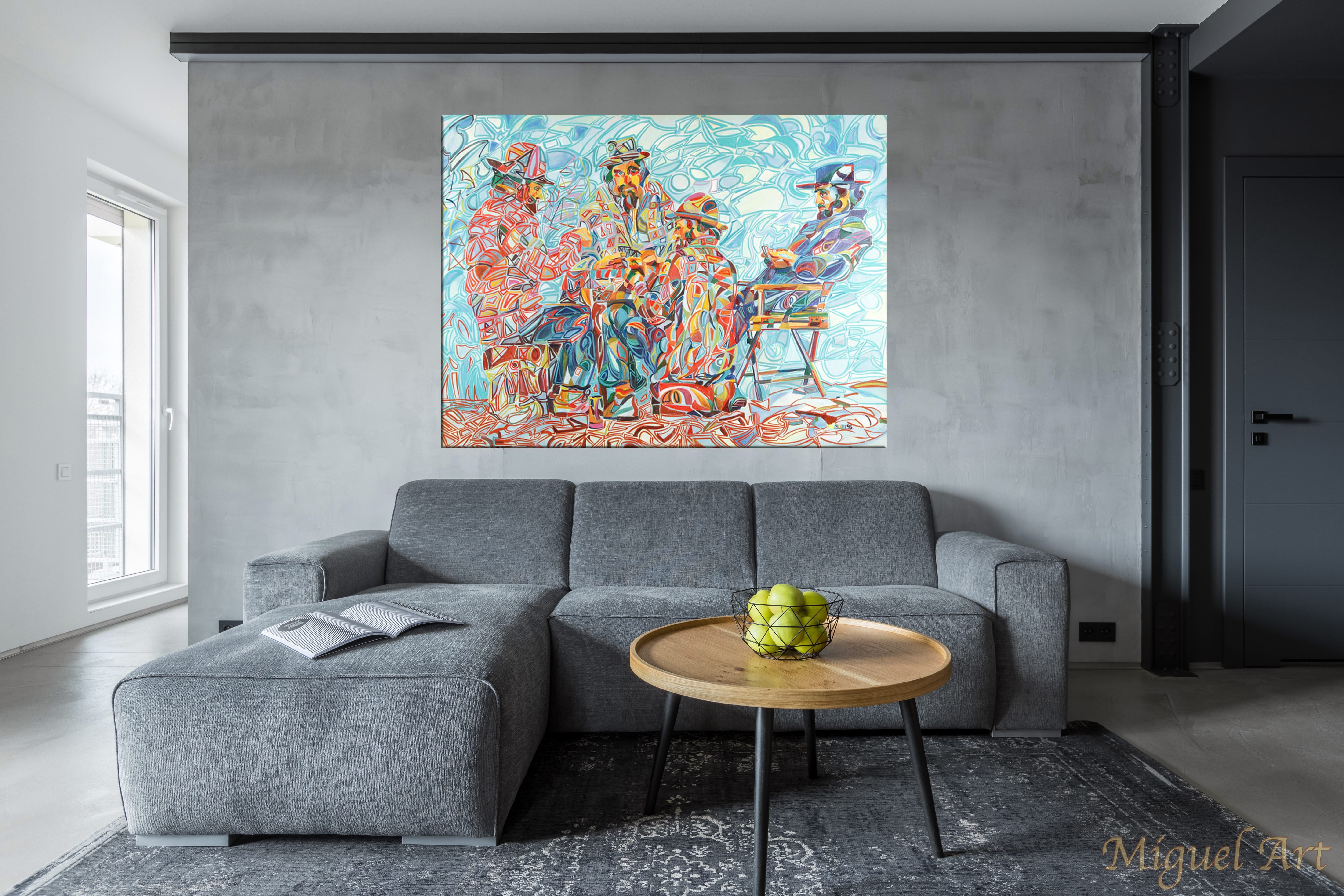 Painting of All In displayed on the wall above a grey couch