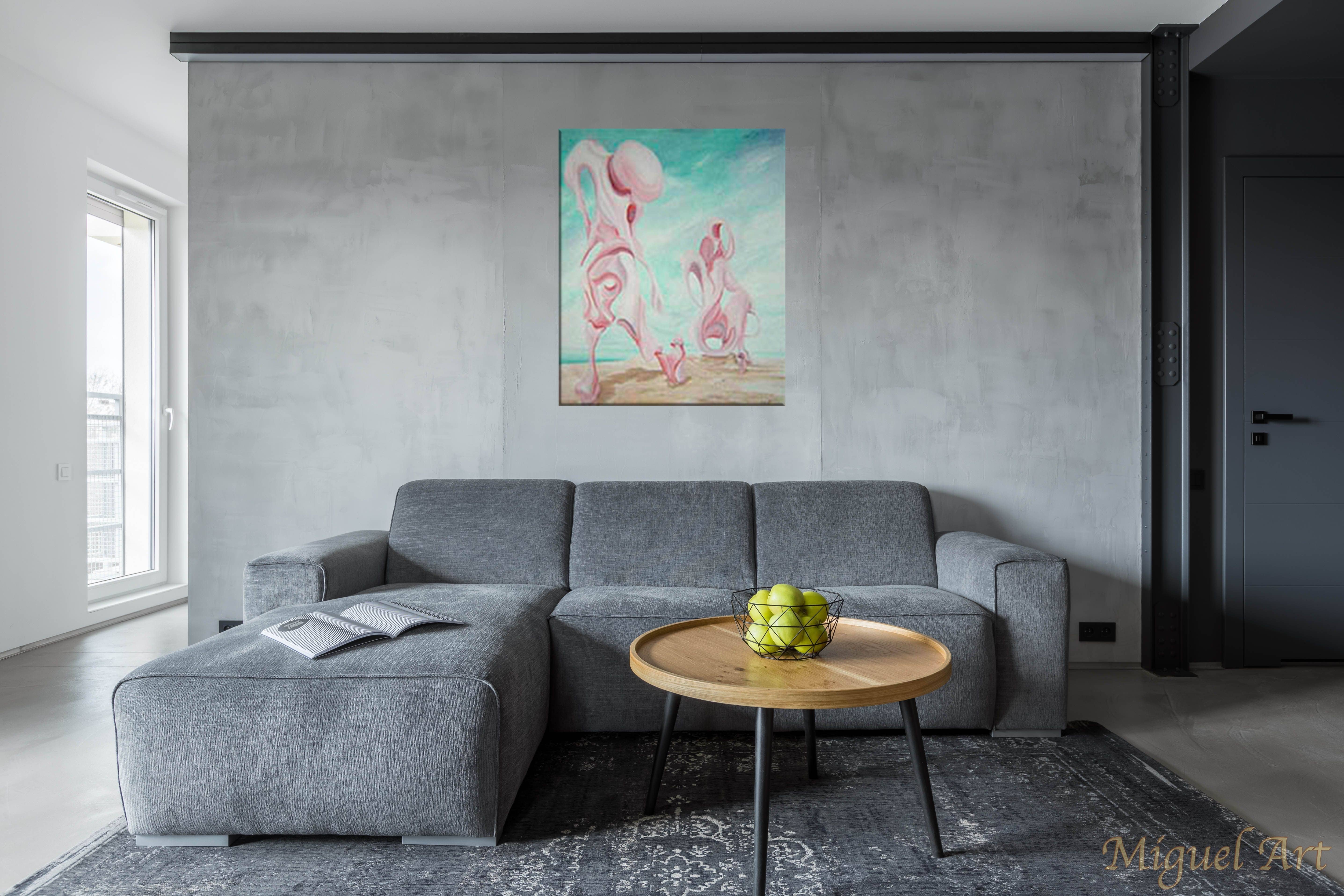 Painting of Flamboyance displayed on the wall above a grey couch