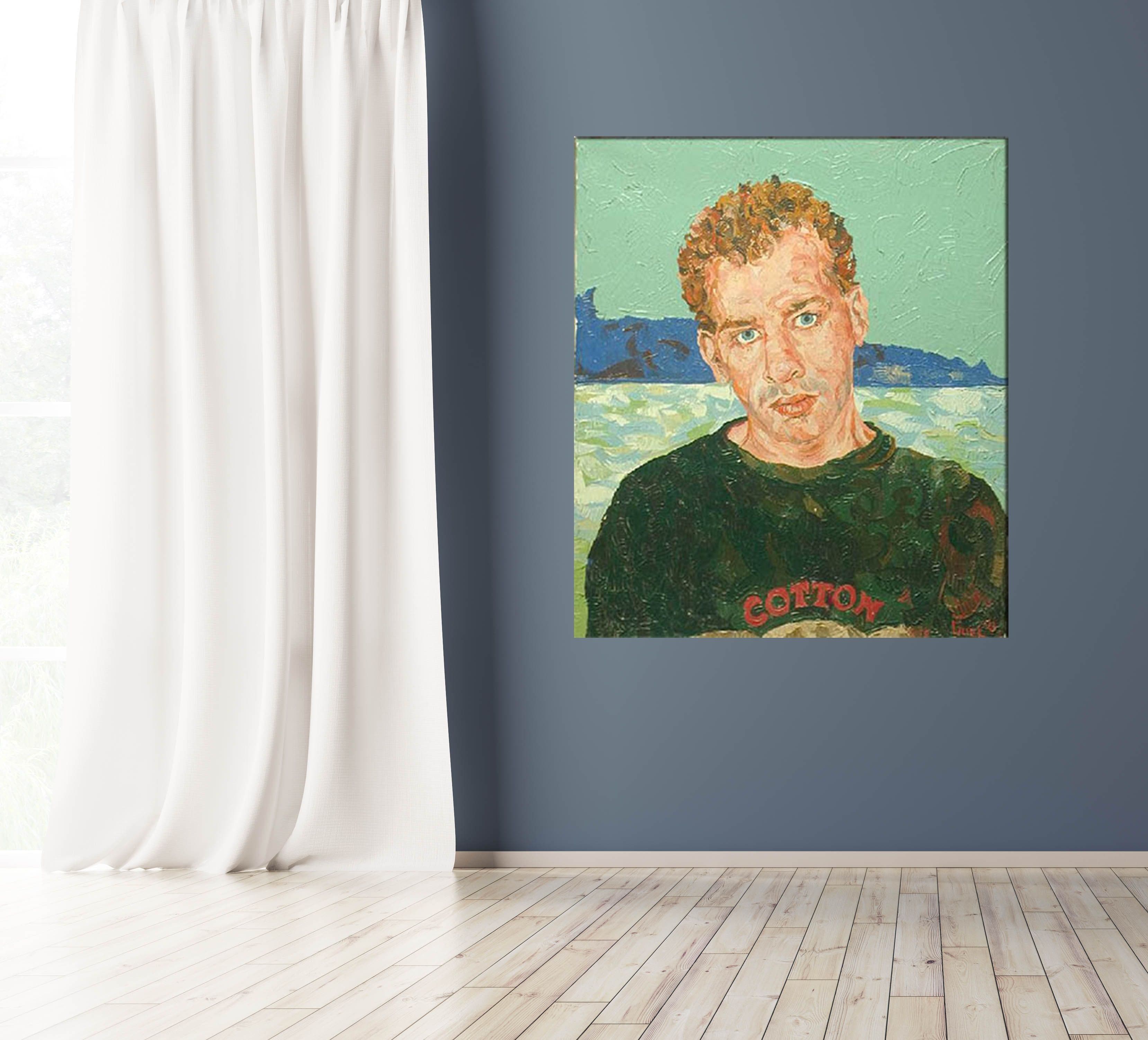 Painting of Curly displayed on a blue wall