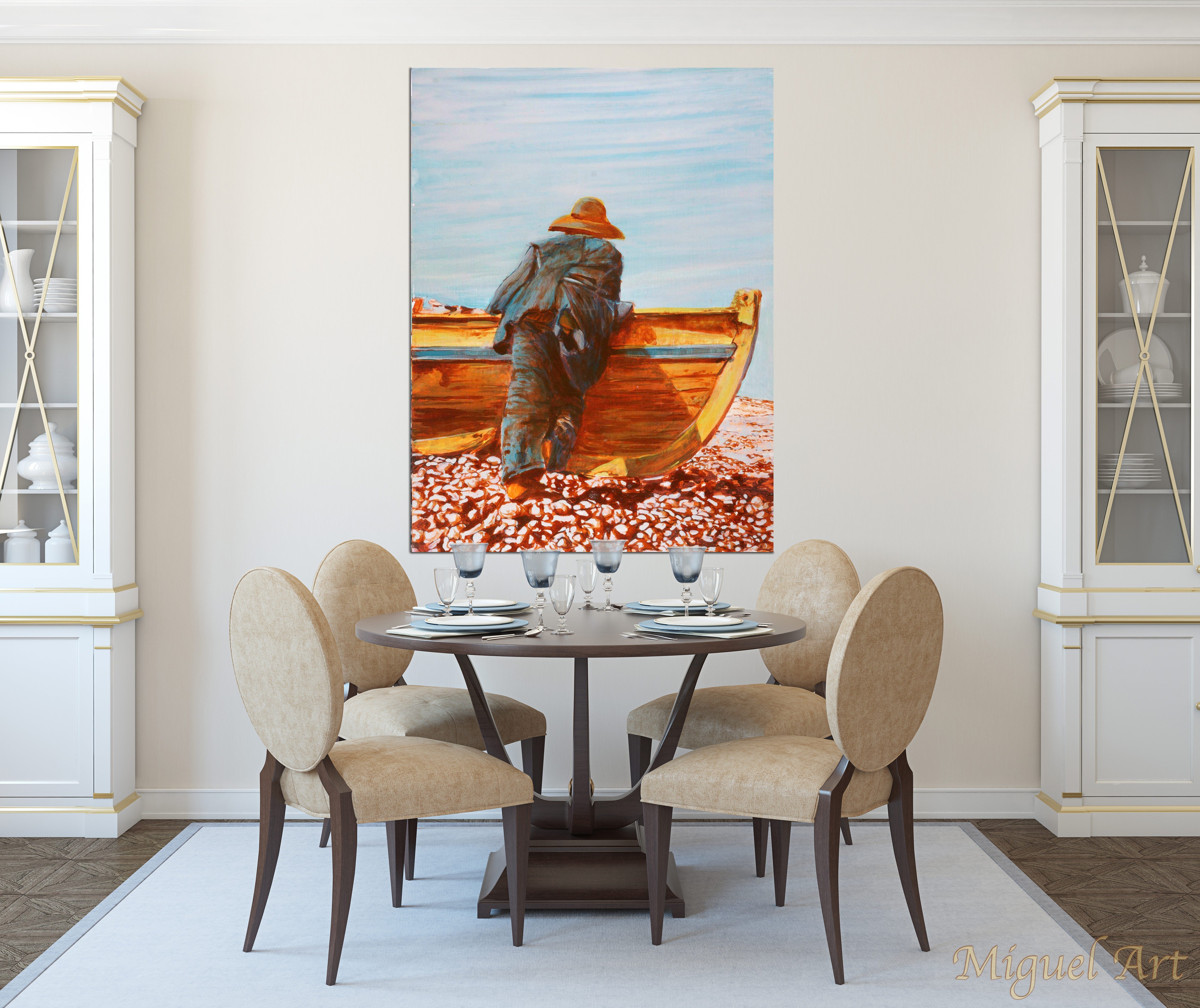 Painting of Pescador displayed in a dining room on a cream wall