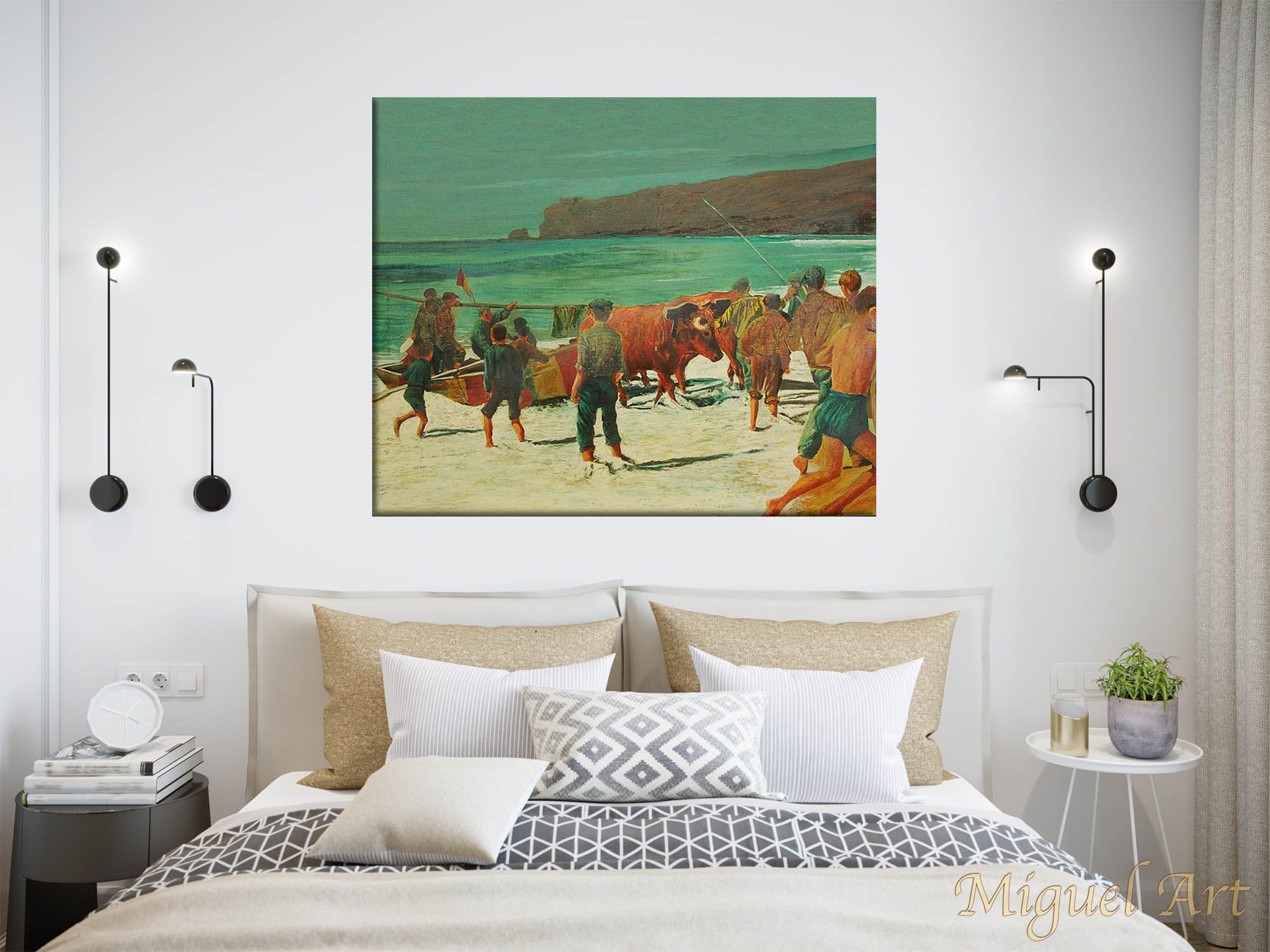 Painting of Nazaré displayed on a white wall in a bedroom