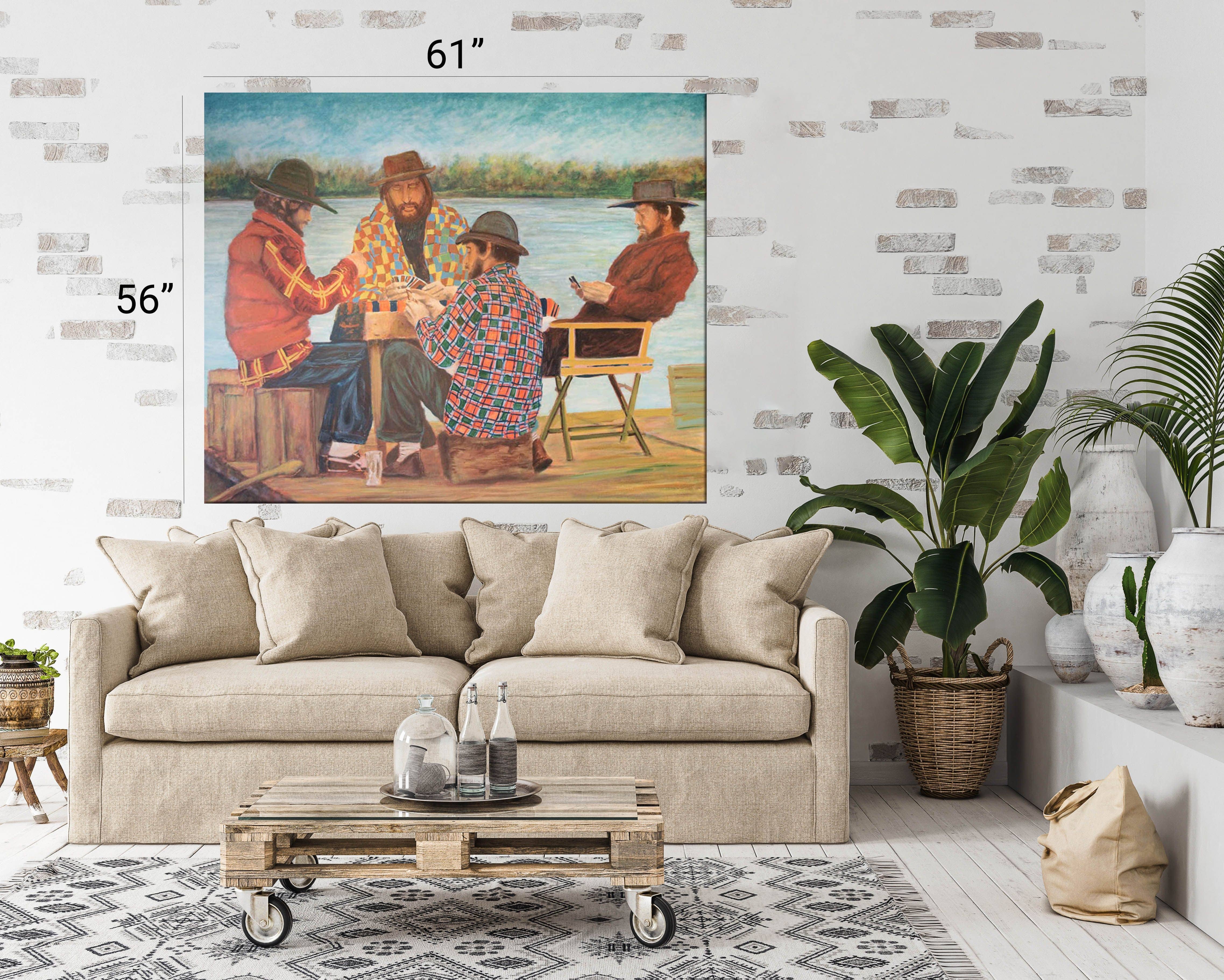 Painting of Jugadores de Cartas displayed in a rustic living room on the wall