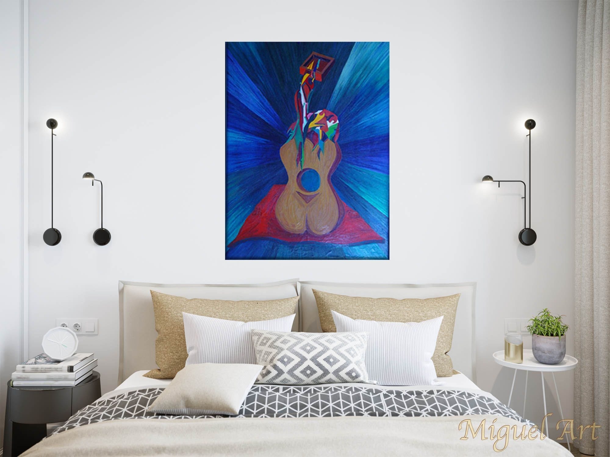 Painting of Guitar displayed on a white wall in a bedroom