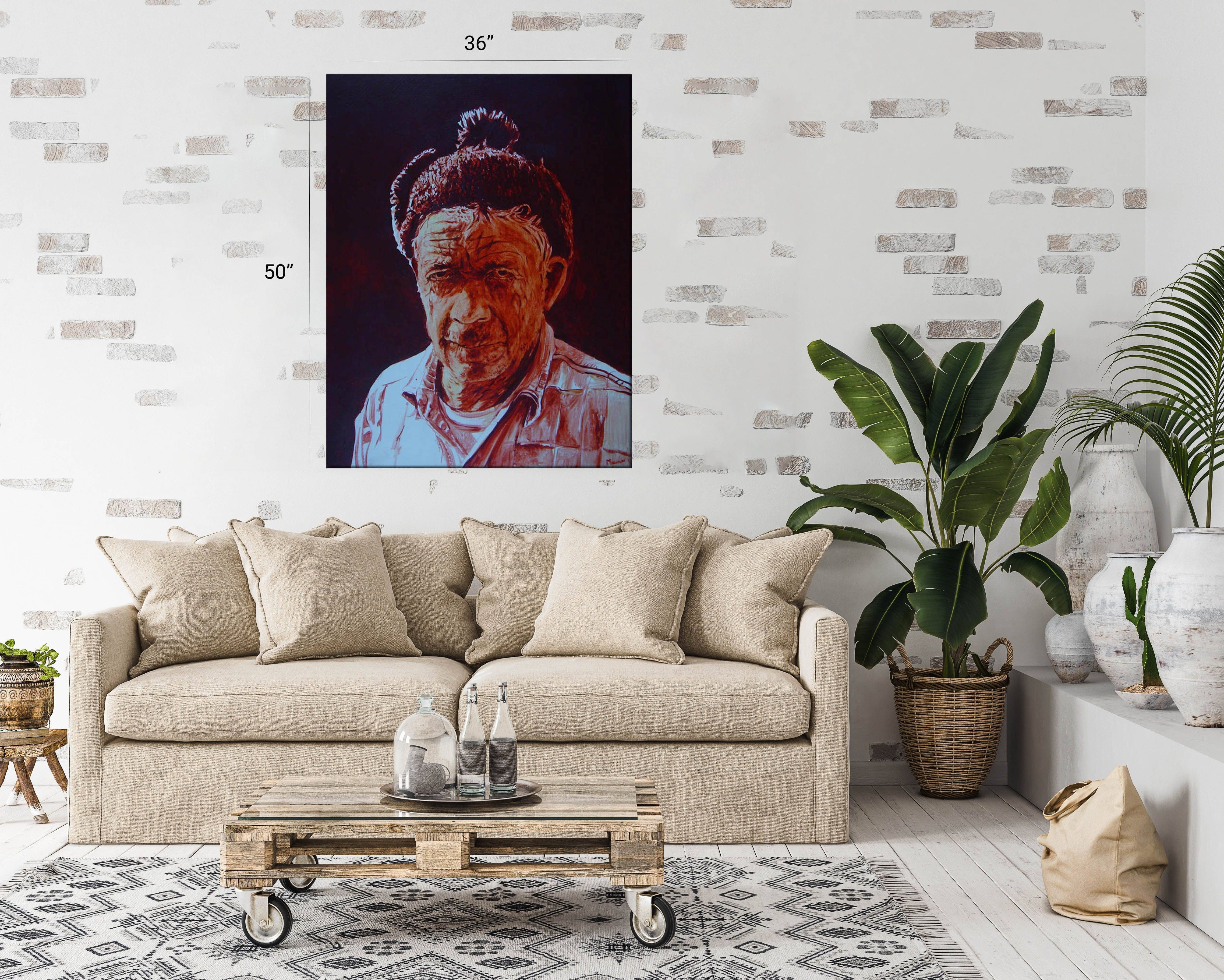 Painting of Santana displayed in a rustic living room on the wall