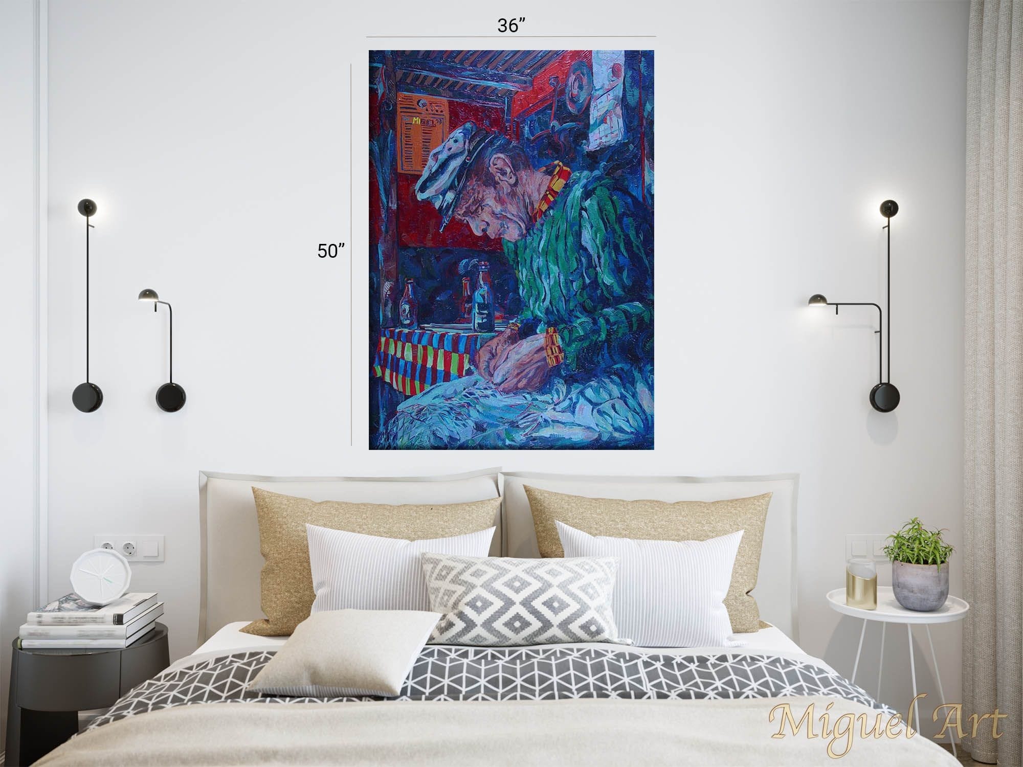 Painting of The Fisherman displayed on a white wall in a bedroom