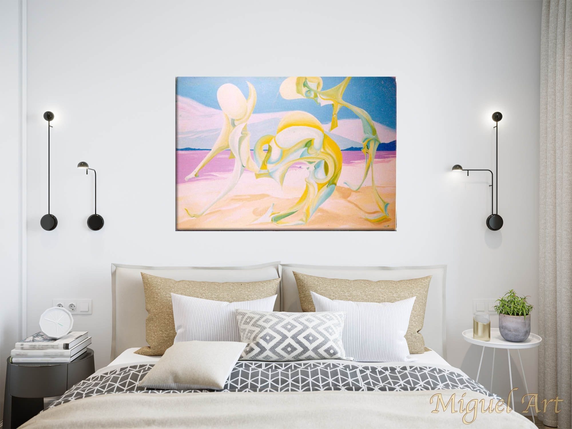 Painting of "Dança Ao Vento" displayed on a white wall in a bedroom