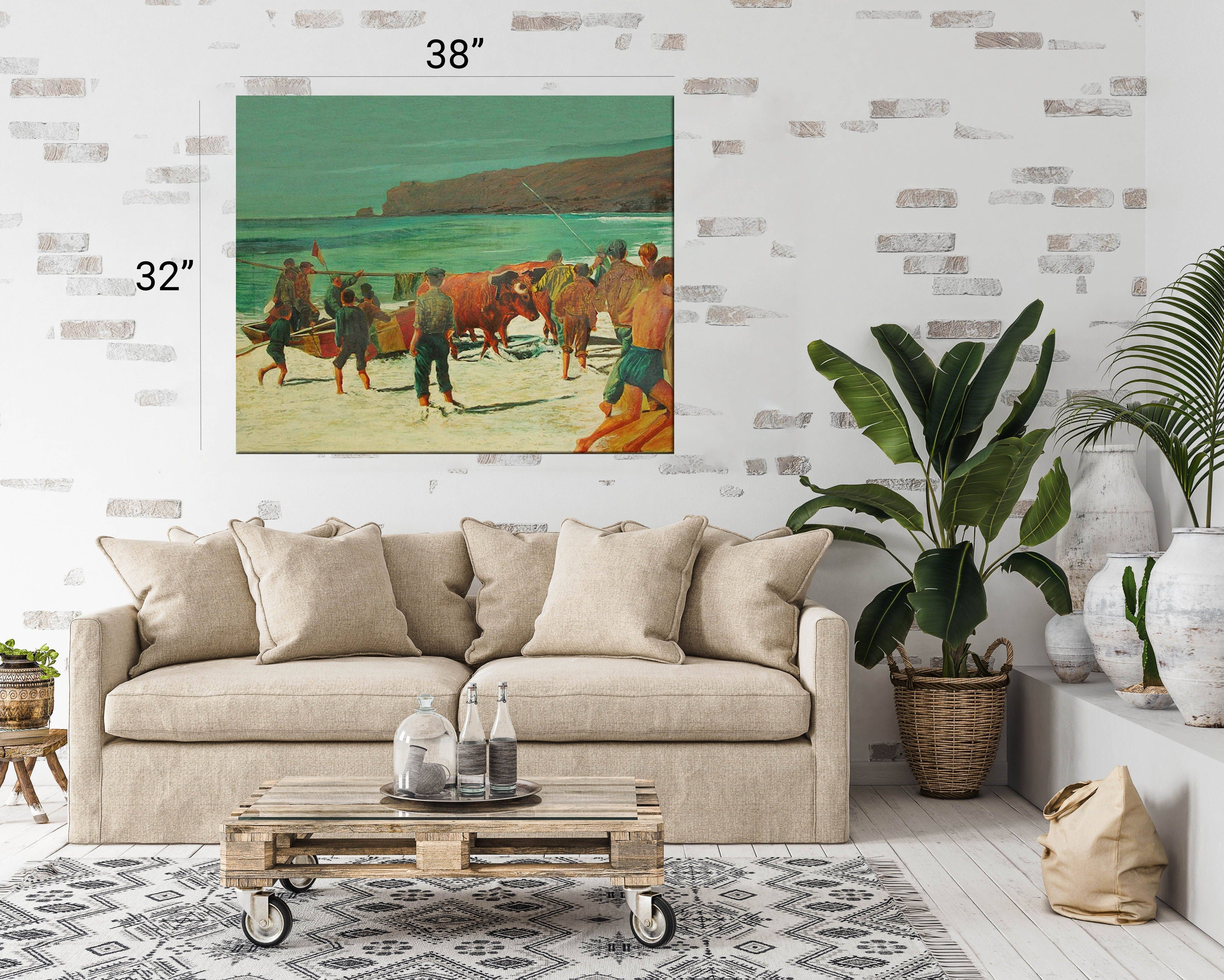 Painting of Nazaré displayed in a rustic living room on the wall