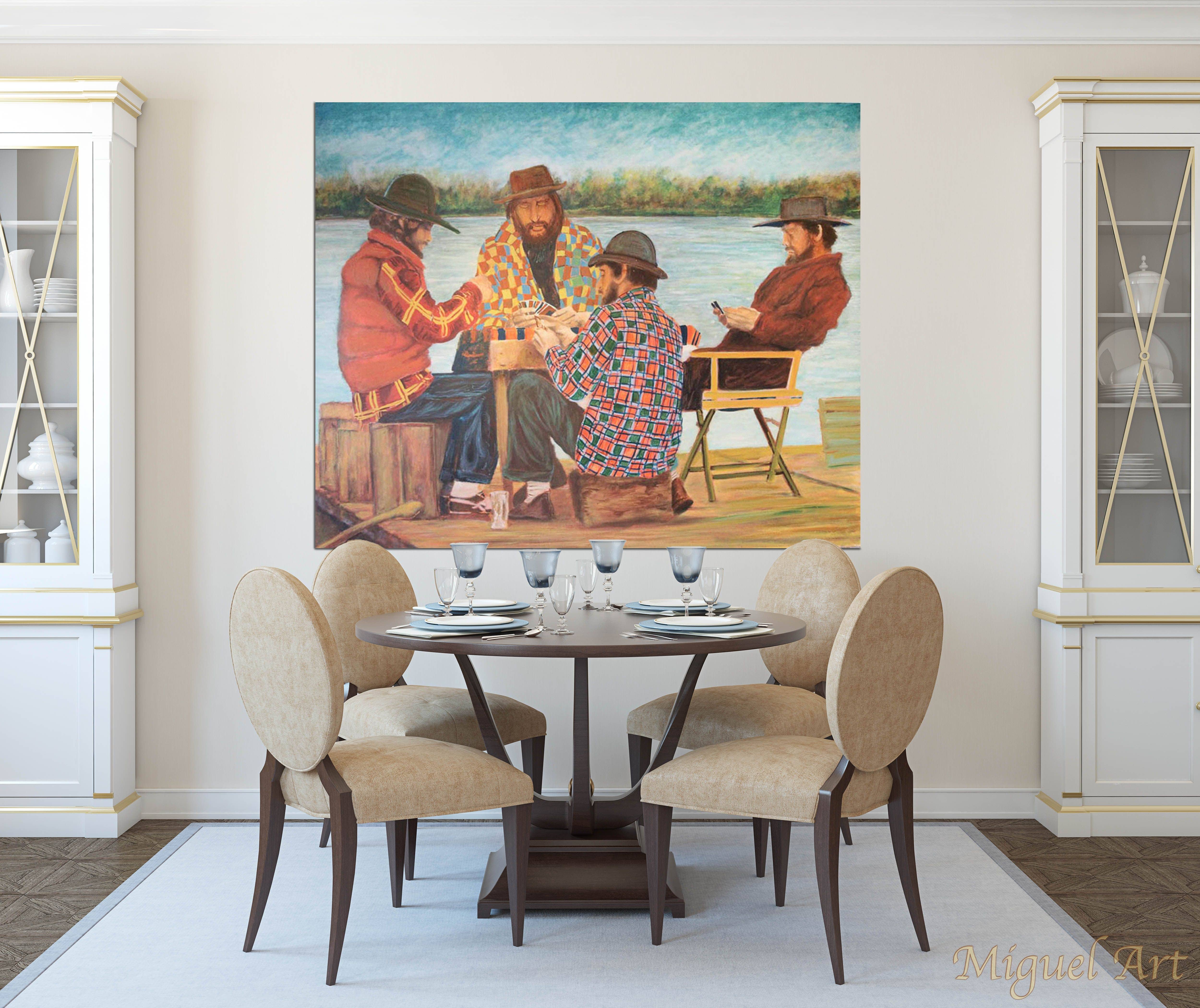 Painting of Jugadores de Cartas displayed in a dining room on a cream wall