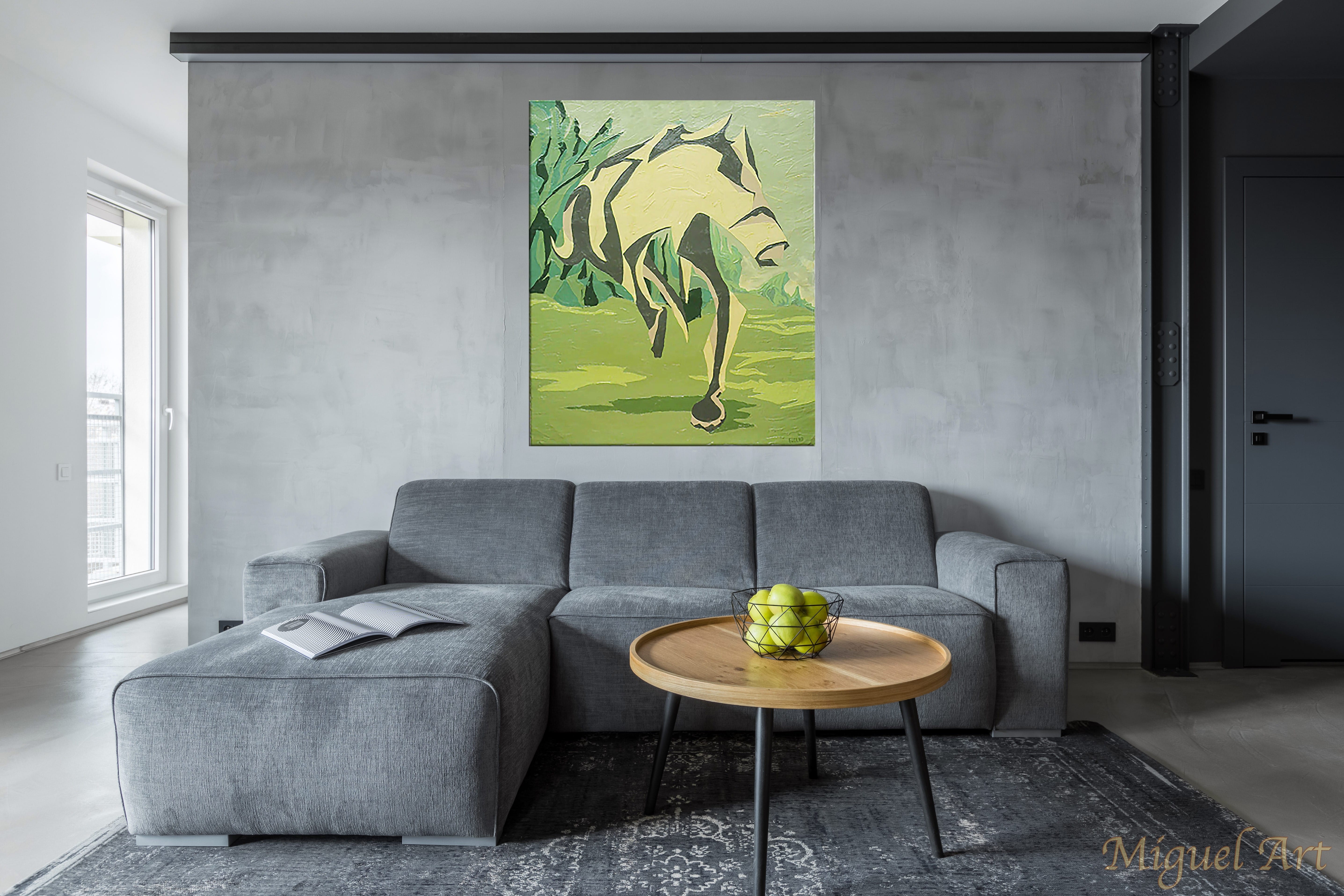 Painting of Cavalo displayed on the wall above a grey couch