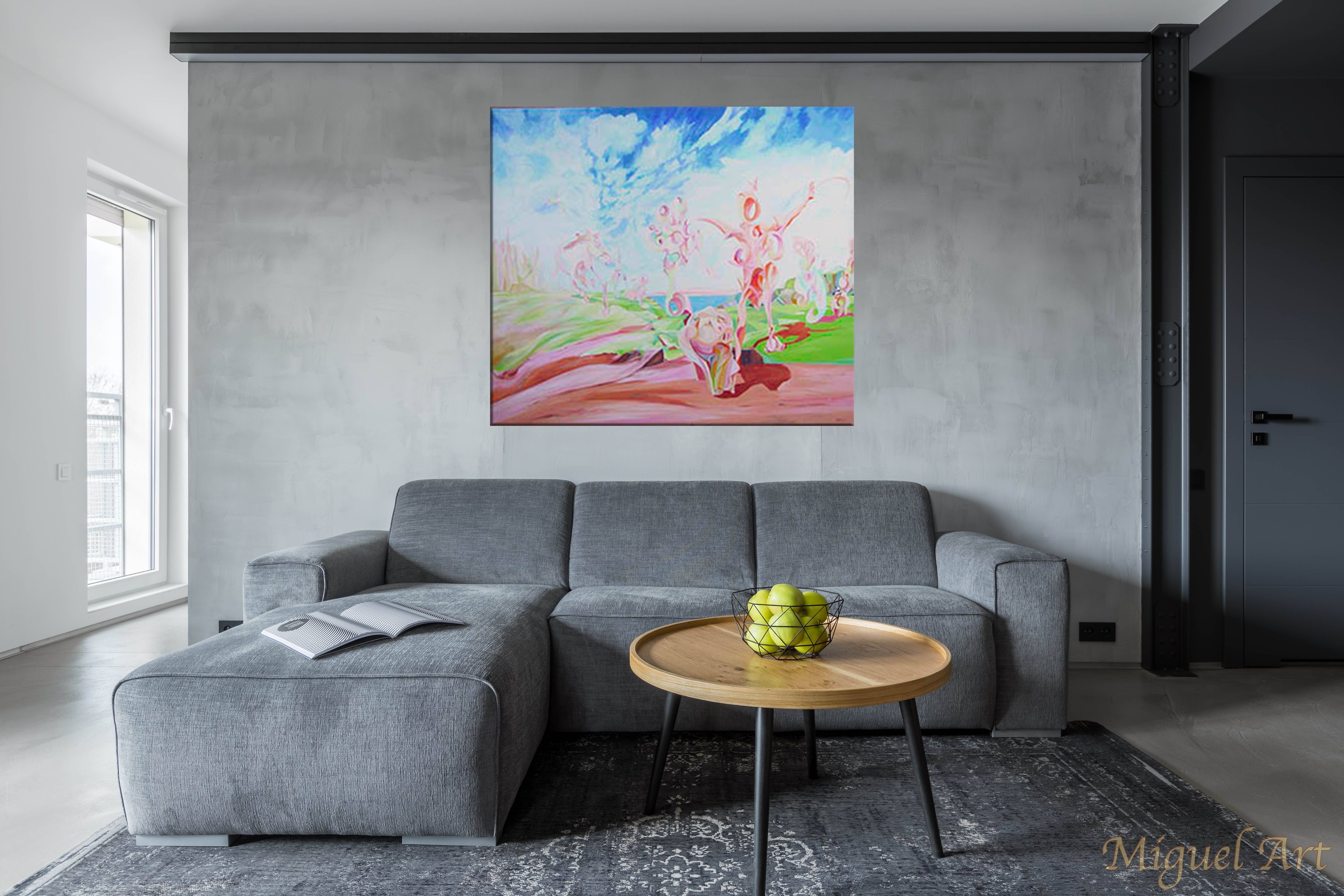 Painting of Sur displayed on the wall above a grey couch