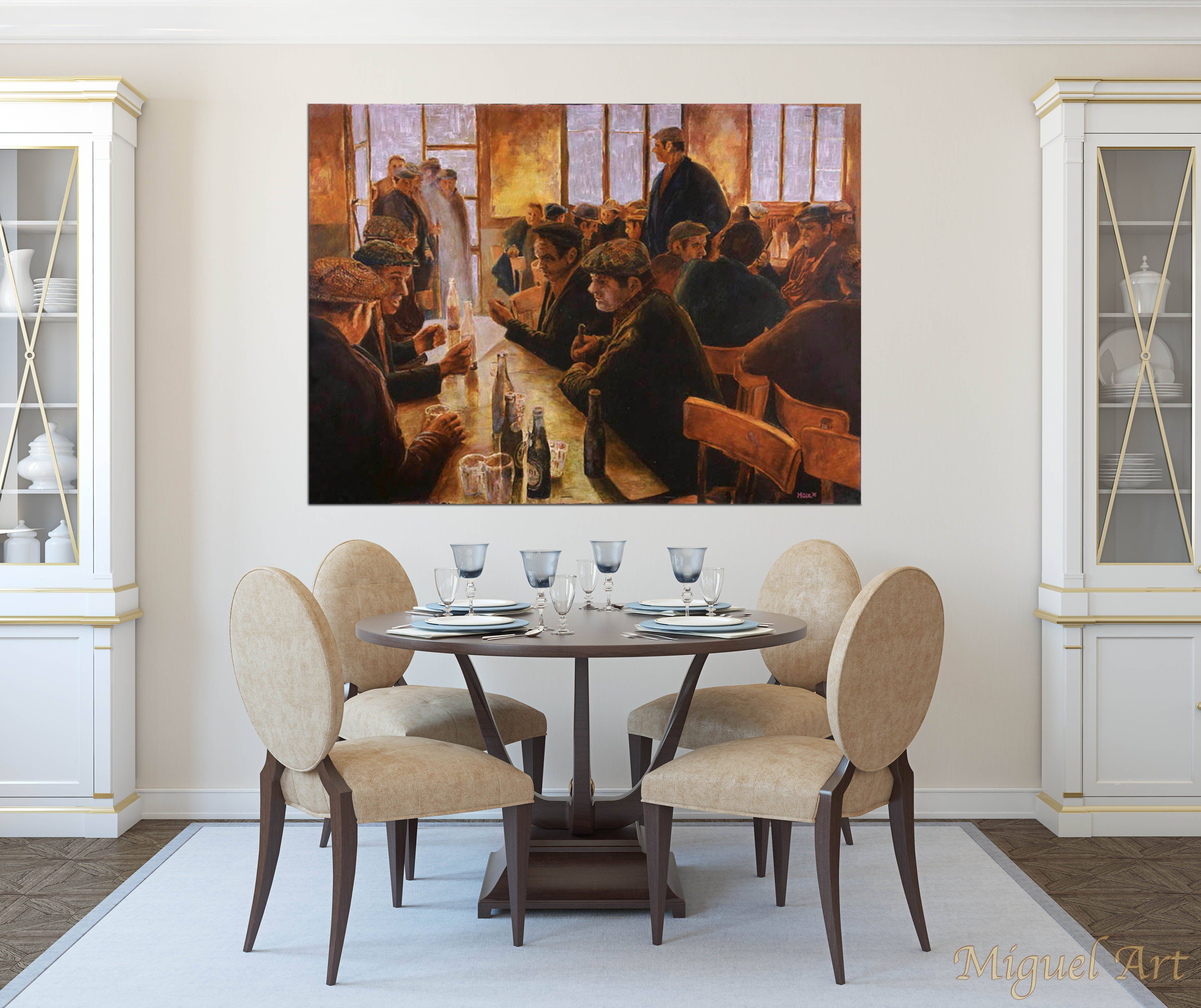 Painting of 5:01 PM displayed in a dining room on a cream wall