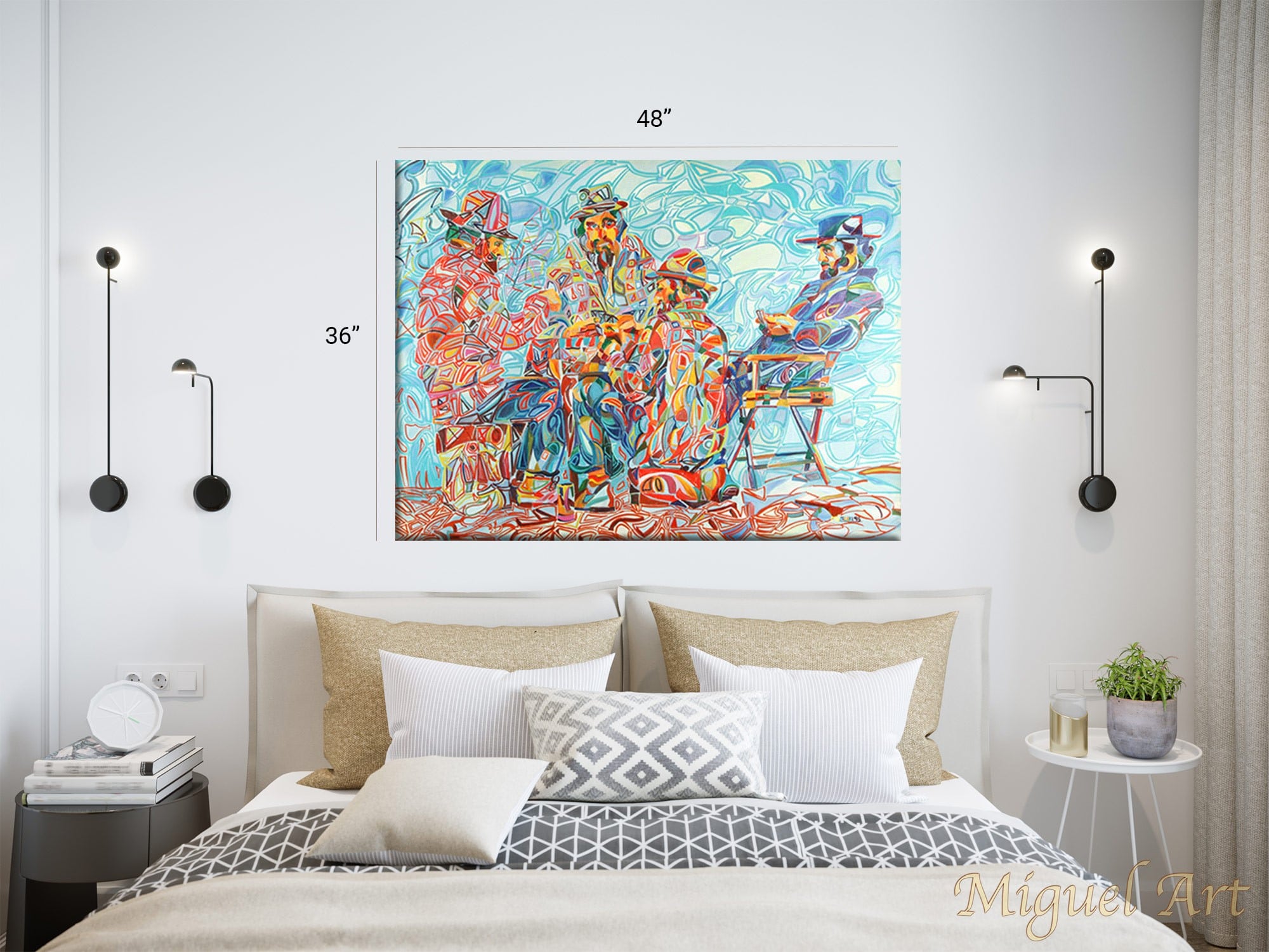 Painting displayed on the wall in a light colored bedroom