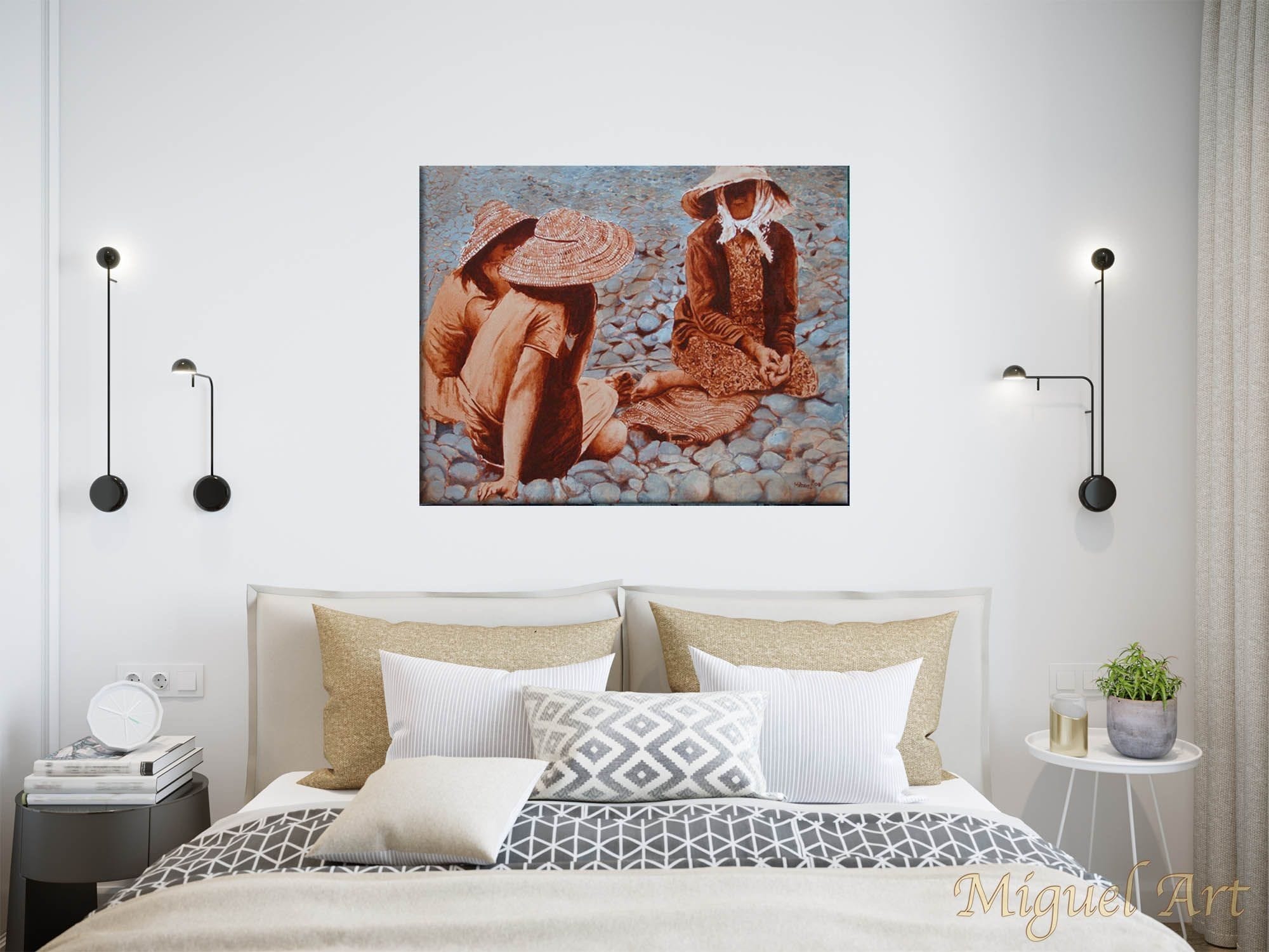 Painting of Ponta do Sol displayed on a white wall in a bedroom