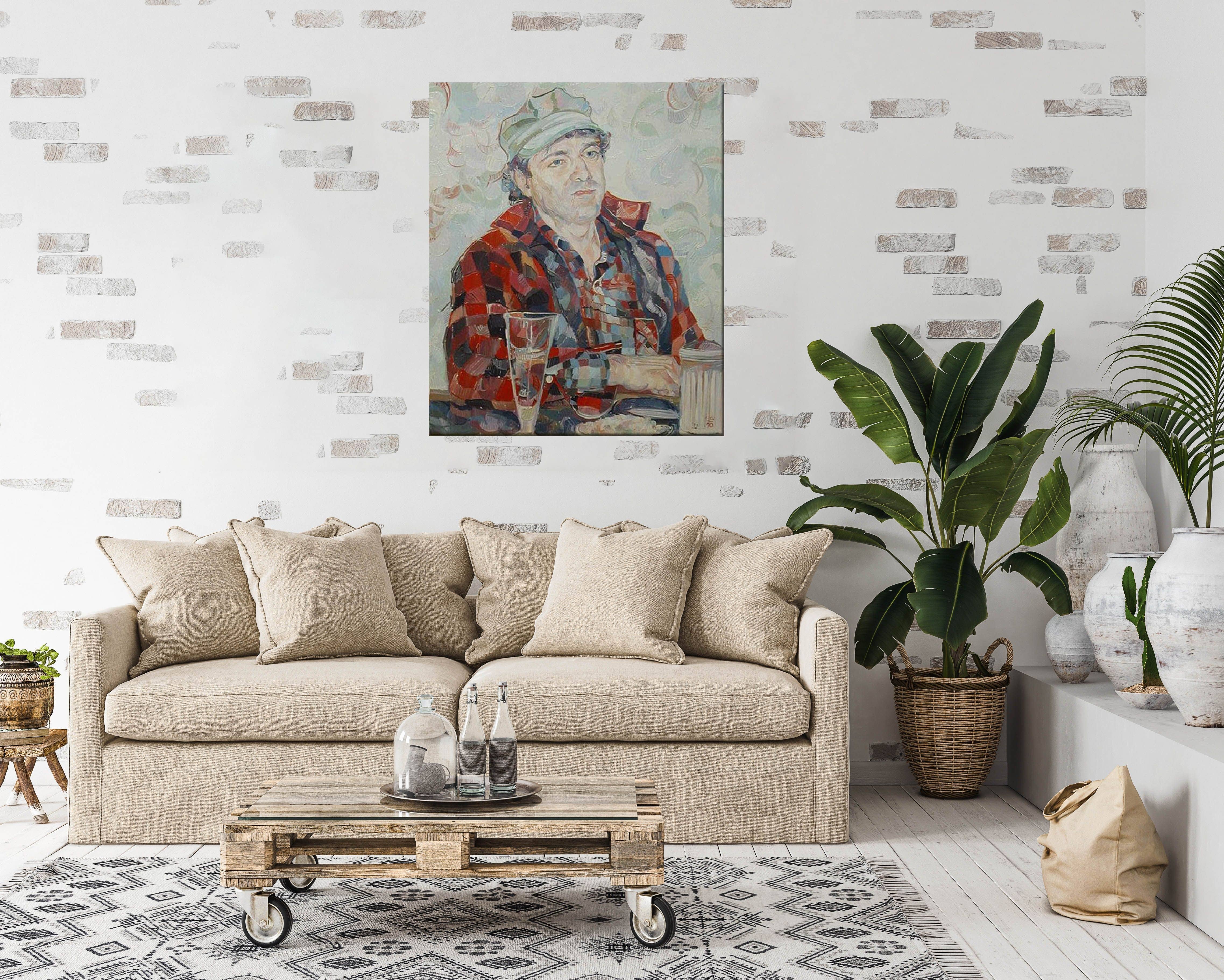 Painting of "One More Round" displayed in a rustic living room on the wall