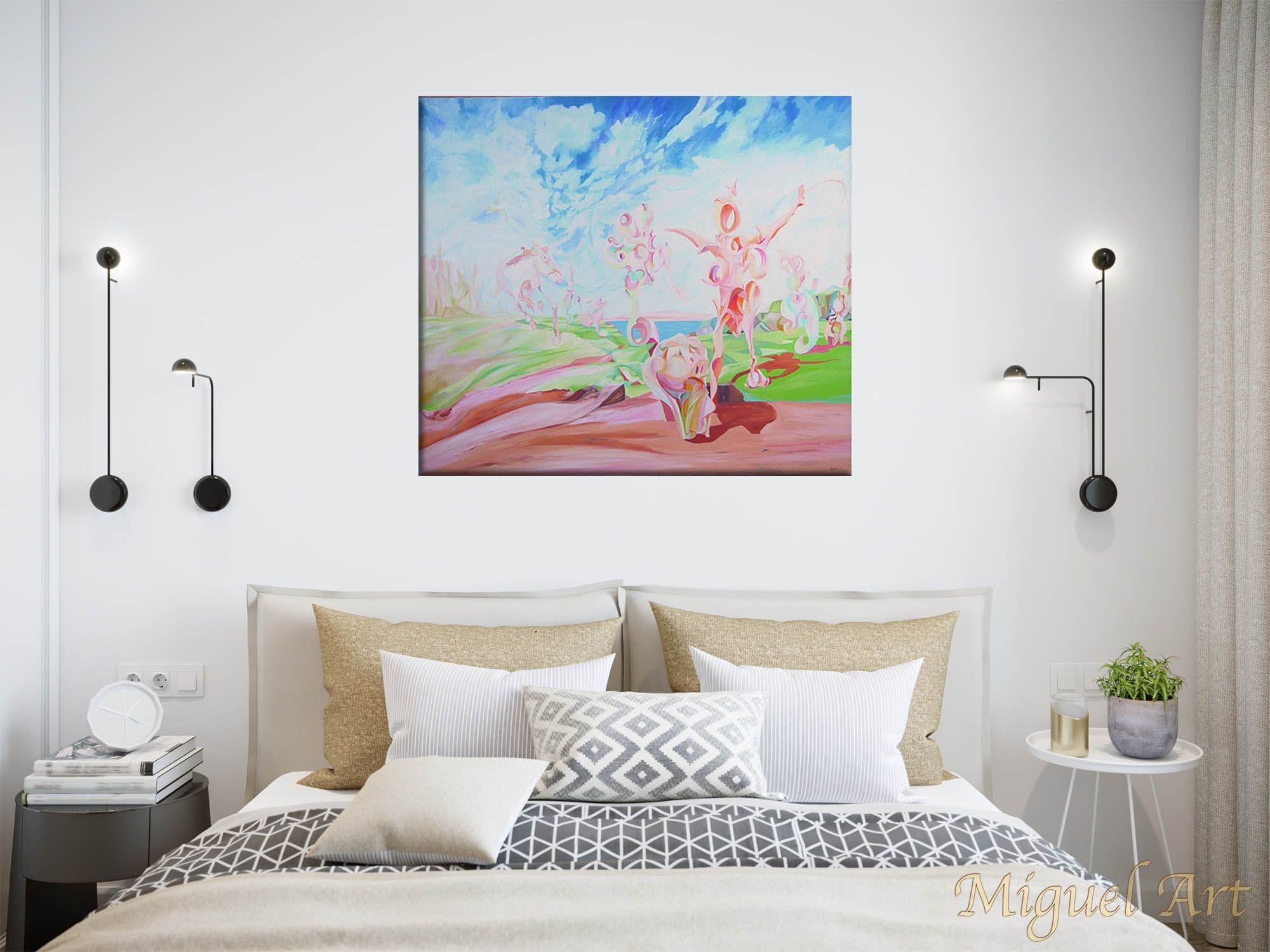 Painting of Sur displayed on a white wall in a bedroom