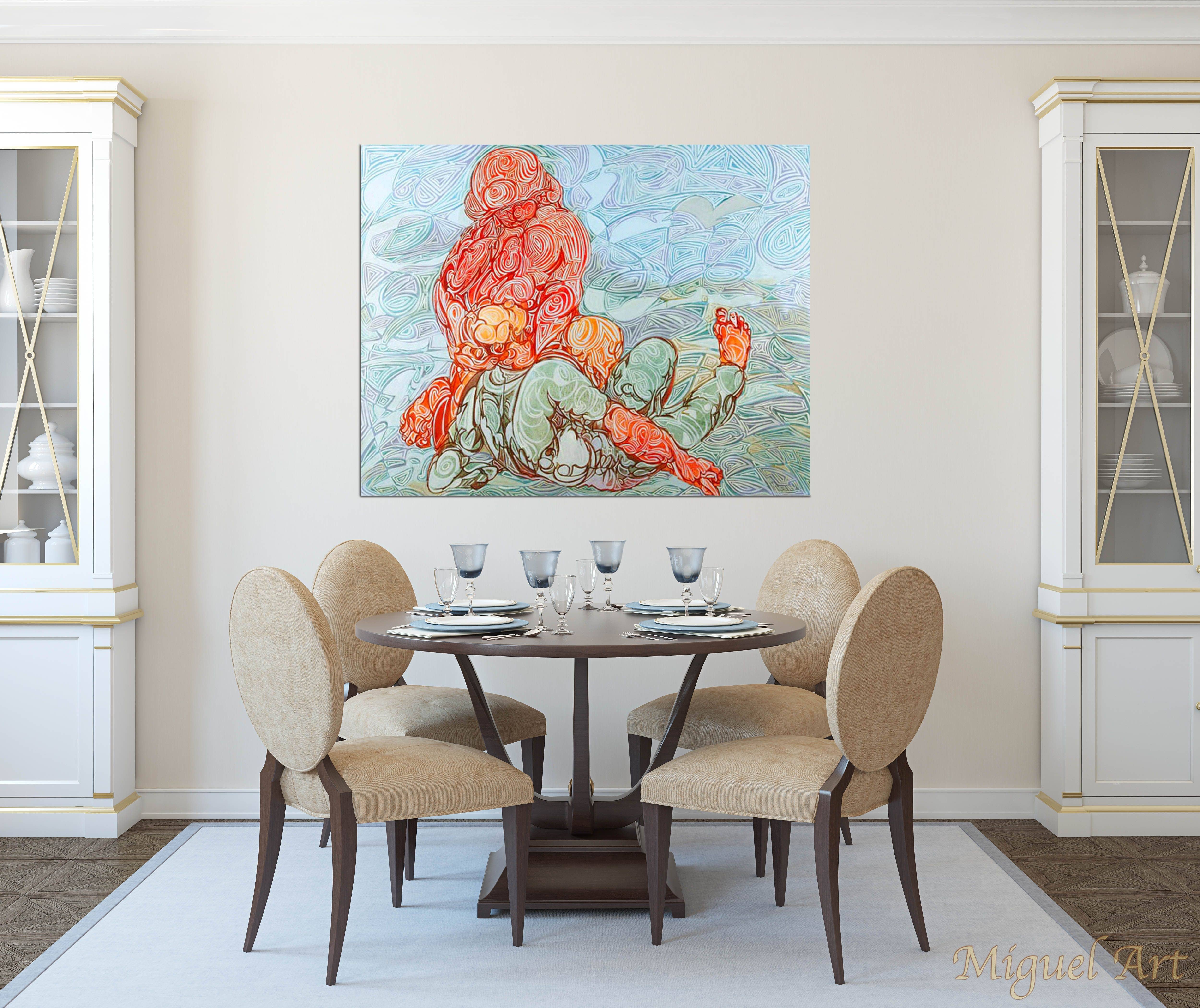 Painting of Alvaro displayed in a dining room on a cream wall